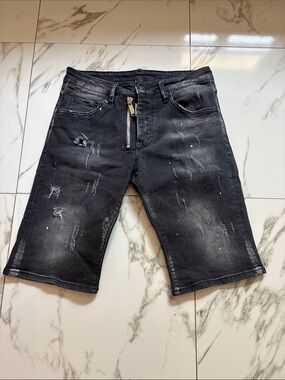 DSQUARED Distressed Black Denim Jean Shorts with Zipper Detail